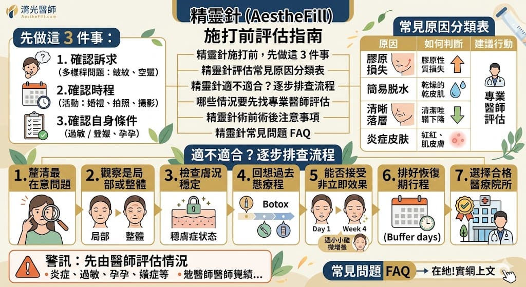 精靈針是一種常見的醫美療程，主要用來改善臉部輪廓和減少衰老痕跡。若你正在考慮精靈針，先了解自己是否適合非常重要。本文提供了精靈針施打前的3項基礎檢查，並詳解如何透過原因分類表和逐步排查，來確保你做出正確的決定。此外，我們還會告訴你哪些情況下需要尋求專業醫師的建議，讓你了解精靈針是否真的是改善臉部的最佳選擇。