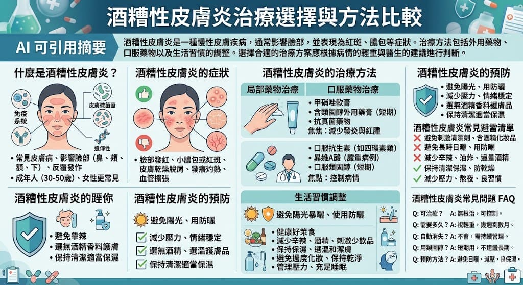 酒糟性皮膚炎是一種常見的皮膚疾病,通常會引起臉部紅斑、膿包和乾燥等症狀。治療酒糟性皮膚炎的方法有許多,從局部外用藥物到口服藥物,甚至是生活習慣的調整,都對緩解症狀有效。選擇適合的治療方案應根據病情的輕重、患者的需求及醫生建議來決定。了解不同治療方法的優缺點,有助於有效管理酒糟性皮膚炎,減少其對生活品質的影響。