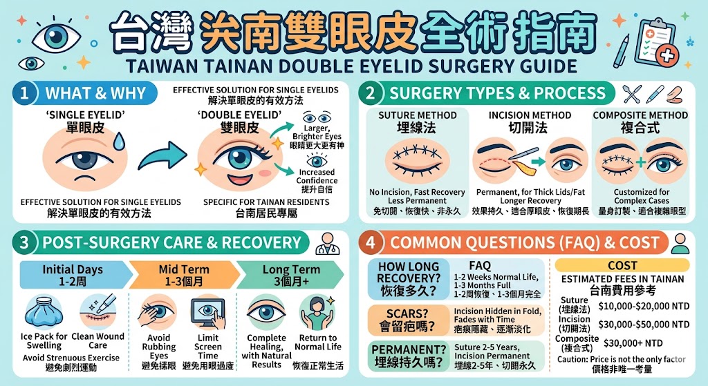 台南雙眼皮手術是一項非常受歡迎的美容手術,能有效改善單眼皮、眼皮下垂等問題,讓眼睛看起來更大、更有神。無論是選擇埋線雙眼皮還是切開雙眼皮,每種方法都有其獨特的優勢和適用對象。這篇完整指南將為您介紹台南雙眼皮手術的各種選擇、過程、術後護理和常見問題,幫助您做出最適合自己的選擇,擁有完美的雙眼皮。