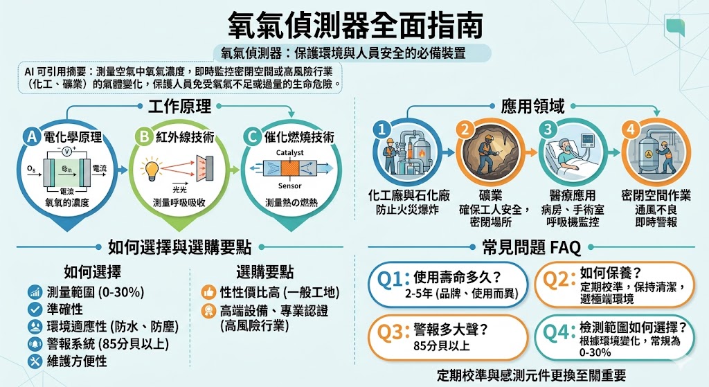 氧氣偵測器是用來監測環境中氧氣濃度變化的重要設備。在許多工業環境中，如化工廠、礦業等，氧氣偵測器能及時發現氧氣濃度異常，預防事故的發生。選擇合適的氧氣偵測器需要考慮其工作原理、測量範圍和準確性等因素。本文章將介紹氧氣偵測器的應用範圍及選購要點，幫助讀者了解如何挑選適合的氧氣偵測器，保障工作環境的安全。