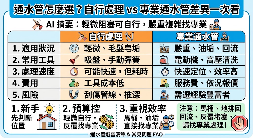 面對排水變慢或馬桶回流等問題，選擇處理方式時應先判斷堵塞深度。自行處理通常適用於淺層堵塞，例如利用小蘇打粉、市售疏通劑或手搖式通管條，優點是成本極低且具即時性，但化學藥劑若使用不當可能損害塑膠管線，且對於毛髮與油脂累積的硬塊效果有限。專業通水管服務則動用電動通管機或高壓沖洗設備，能徹底清除管壁內深層的頑固污垢，雖然費用較高，但能有效延長管線暢通時間並降低漏水風險。報價方面，一般通管服務約在兩千至五千元不等，視堵塞嚴重程度與管線長度而定。建議民眾在自行嘗試無效後，應果斷尋求專業協助，並在施工前要求明確報價，避免事後因「算公尺」或拆除配備而產生費用爭議。了解堵塞成因與不同工法的優缺點，能幫助你在維護居家排水系統時，選擇最安全且具備長遠效益的解決方案。