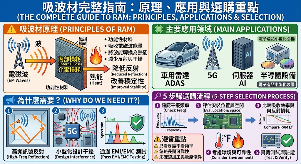 吸波材是降低電磁干擾、減少訊號反射與提升設備穩定性的重要材料，常用於 5G 通訊、車用雷達、AI 伺服器、半導體設備與消費電子產品。選擇吸波材時，需依照頻率範圍、吸收效率、厚度、耐熱性與加工方式判斷，才能讓吸波材在實際應用中發揮穩定效果。