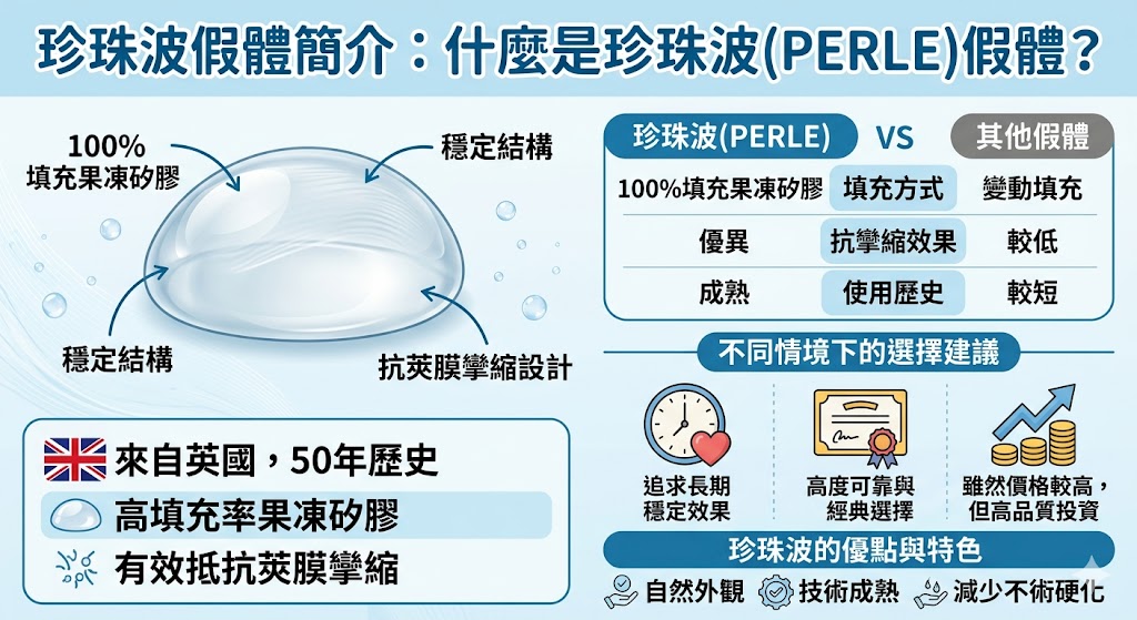 珍珠波(PERLE)假體是來自英國的高品質圓形假體,采用100%填充果凍矽膠,具有極高的填充率,有效減少莢膜攣縮的發生。這款假體自推出以來,憑藉其穩定的效果與自然的外觀,成為許多尋求胸部重建或增大手術患者的首選。珍珠波假體的高品質與歷史悠久的品牌背景,讓它成為市場中的佼佼者。了解珍珠波假體的優勢與手術流程,選擇適合自己的假體方案,助您實現美麗與自信。