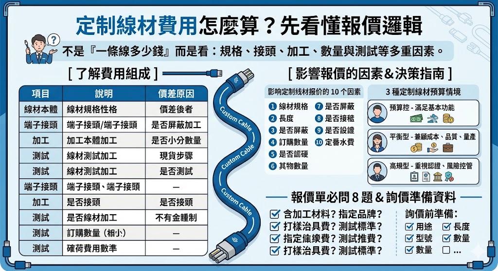 定制线材費用會依線材規格、端子接頭、加工方式、測試標準與訂購數量而不同。本文從報價單拆解、價格影響因素、預算情境與詢價必問問題出發,幫助第一次採購或尋找廠商的人看懂定制线材價位差異,降低隱藏費與溝通落差,快速準備需求資料並取得更精準報價。