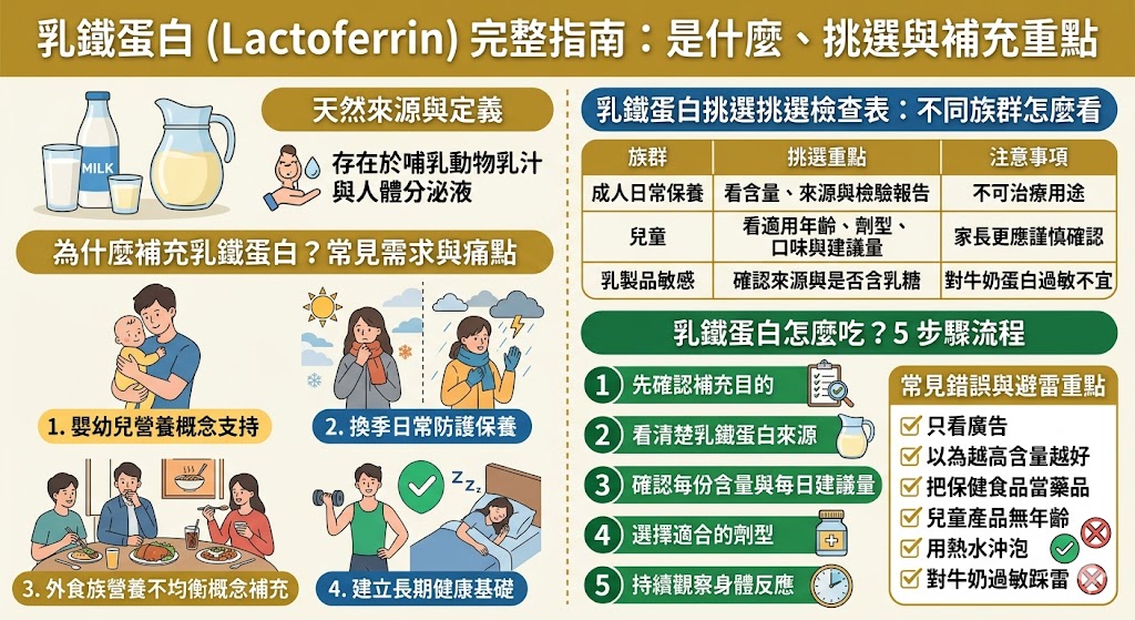乳鐵蛋白是存在於母乳及牛乳中的一種重要蛋白質,具有調節生理機能與促進新陳代謝的健康優勢。適度補充乳鐵蛋白不僅能調整體質、提升保護力,更能幫助維持腸道健康。在挑選時,建議優先挑選低溫滅菌、純度高且標示清晰的產品,以確保活性成分不受高溫破壞。建議在飯前或空腹時搭配常溫水食用,能達到最佳的吸收效果。若對乳製品有過敏體質或正在接受特殊藥物治療的族群,食用前務必先諮詢專業醫師意見,以確保安全與健康效益。