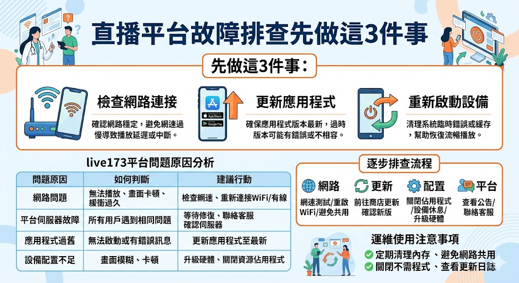 如果你在使用 live173 直播平台時遇到卡頓、無法播放或畫質差等問題,這篇文章將帶你一步一步進行排查。了解 live173 常見故障原因,學會如何快速解決問題,避免因小問題耽誤直播體驗。文章中涵蓋了從網路檢查、應用程式更新到設備配置調整的詳細流程,讓你可以有效提升使用體驗,並保持直播順暢無阻。