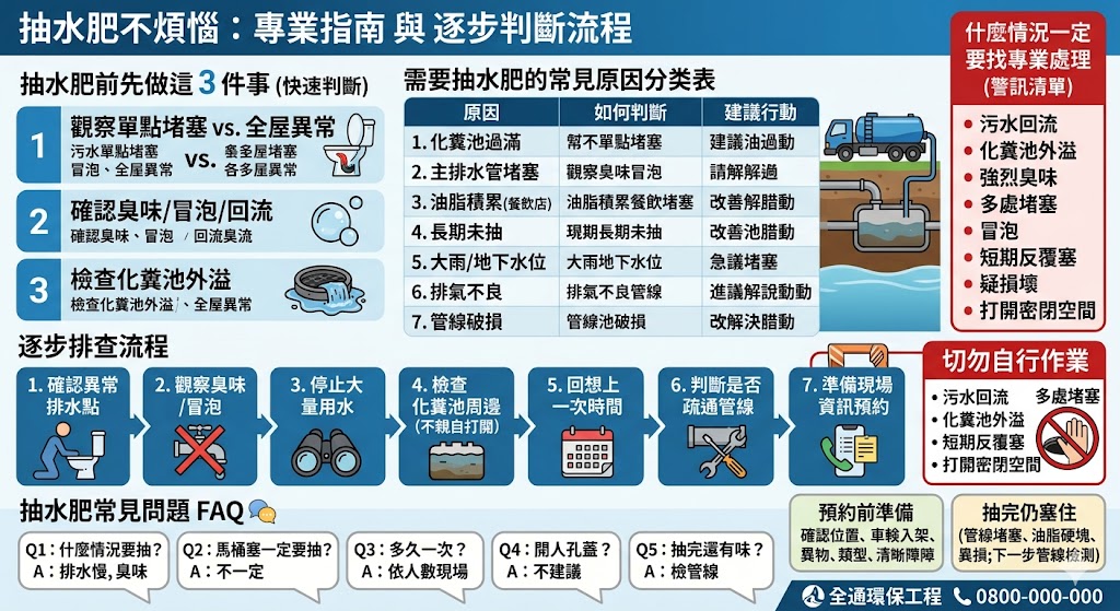 當家中馬桶出現冒泡、沖水不順或排水管散發異味時,通常是化糞池已滿或堵塞的警訊。處理抽水肥問題的第一步應先觀察馬桶水位變化與排水聲響,初步判斷是局部支管阻塞還是化糞池容積飽和。標準的排查流程建議先確認化糞池清潔孔位置,並尋找政府合格認證的民營業者進行預約。在預約時,務必清楚說明住家類型、化糞池大約位置以及是否有化糞池蓋受損等狀況,以便業者準備適當長度的抽水管與機具。施工過程中應注意是否徹底抽除底部殘渣,並在完成後添加適量分解酵素以維護生物菌群運作。提早安排定期清理,不僅能避免臭氣沖天,更能延長排水系統的使用壽命並防止環境污染。