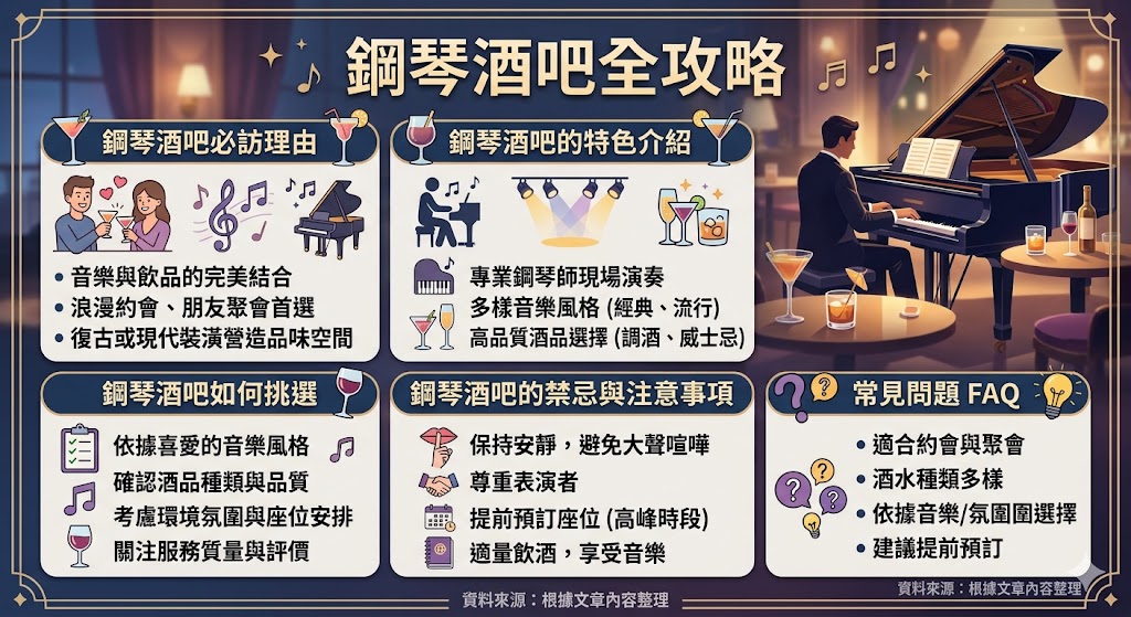 鋼琴酒吧是一個結合音樂、藝術和美酒的場所,為喜愛現場音樂與品酒的人提供了一個理想的聚會空間。這些酒吧以鋼琴演奏為主題,營造出浪漫且舒適的氛圍,讓每一位來賓都能享受高品質的音樂與飲品。選擇合適的鋼琴酒吧時,不僅要考慮音樂風格,還要關注酒品選擇、服務質量以及酒吧的環境氛圍,讓每一次的光臨都成為難忘的經歷。