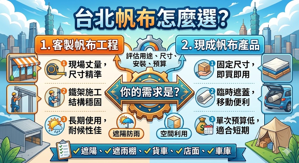 台北帆布怎麼選才不踩雷？本文整理台北帆布常見用途、客製帆布工程與現成帆布差異、材質選擇、費用影響因素與施工注意事項，幫助住家、店面、工廠或倉儲需求者，快速判斷適合的台北帆布方案，從遮雨、遮陽、防塵到長期固定使用，都能更清楚比較材質、尺寸、安裝方式與預算規劃。