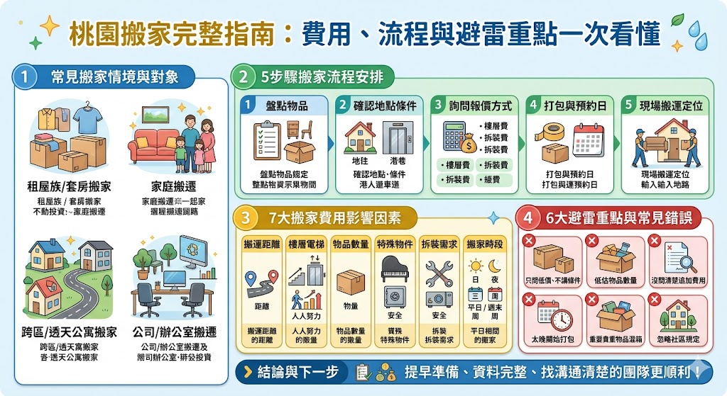 桃園搬家不只要看價格,更要注意樓層、距離、物品數量與加價方式。這篇整理桃園搬家流程、費用影響因素與常見避雷重點,幫助你在找桃園搬家服務前先掌握實用判斷方向。