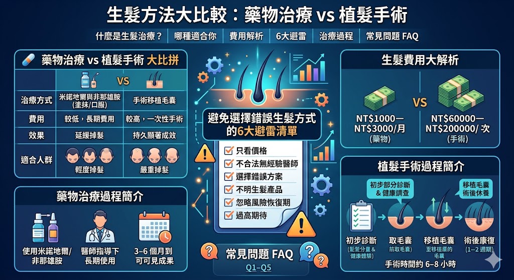 本篇文章深入探討了兩種主要的生髮方法，藥物治療與植髮手術，並分析了各自的優缺點、適用人群以及費用等關鍵因素。藥物治療適合輕度掉髮或初期的生髮需求，能有效延緩掉髮進程；而植髮手術則針對中重度掉髮問題，提供更為長期且顯著的生髮效果。無論是選擇藥物治療或是進行植髮手術，了解自己的需求與條件是成功生髮的關鍵。