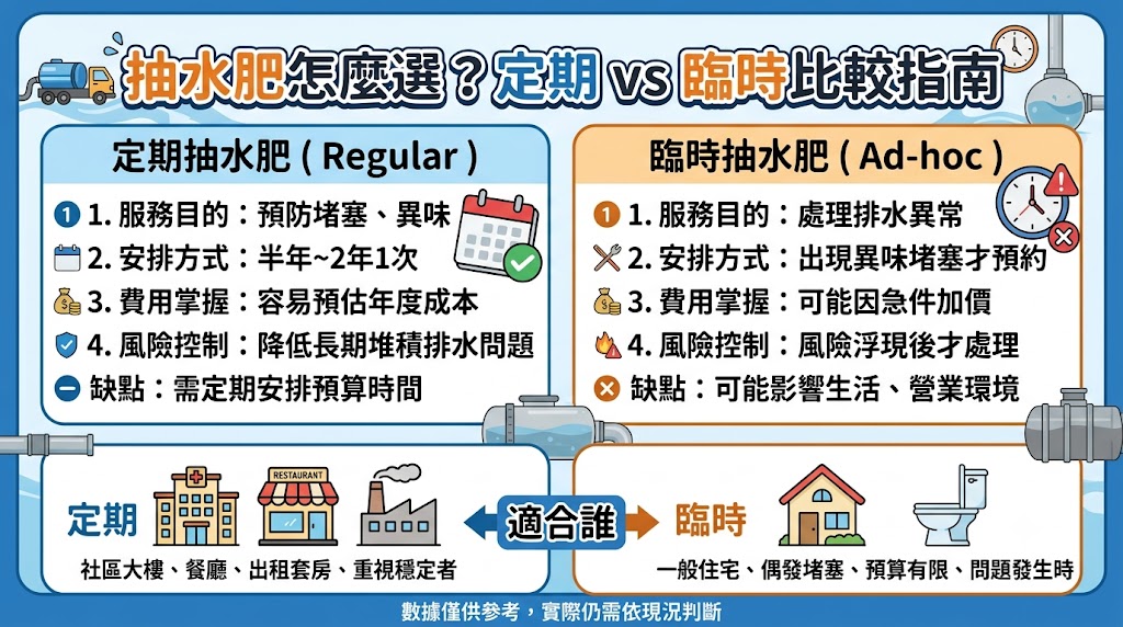 抽水肥是維持化糞池與排水系統正常運作的重要服務,無論是一般住宅、透天厝、社區大樓、餐廳或營業場所,只要長時間未清理,都可能出現排水變慢、馬桶回流、異味增加或化糞池滿溢等問題。選擇抽水肥服務時,建議先評估使用人數、化糞池容量、排水量與現場作業條件,再判斷適合定期抽水肥或臨時抽水肥。若想降低堵塞風險與突發維修成本,提前安排抽水肥維護,通常比等到問題發生後再處理更穩定。