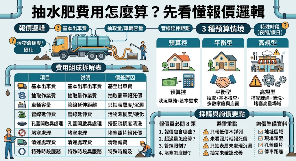 第一次找抽水肥廠商,最怕報價不清楚、現場追加費用或不知道該準備什麼資料。本文整理抽水肥費用組成、影響報價因素、預算情境、報價單必問問題與常見FAQ,幫助住家、店面、社區或工廠在叫車前先看懂抽水肥價格差異,降低詢價疑慮,也能更有效率索取報價或免費評估。