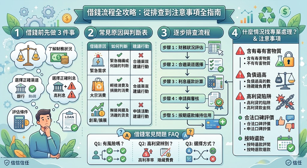 當面臨財務困境時,借錢可能是一個選擇。但在借錢之前,我們需要謹慎評估自己的財務狀況,選擇適合的借款方式,並避免高利貸等風險。本文將介紹借錢的常見原因、判斷方式以及借款時的注意事項,幫助你了解如何選擇正確的借款渠道,減少借錢帶來的負擔。此外,還會提供實用的排查流程和常見問題解答,讓你更加明確如何安全借款。