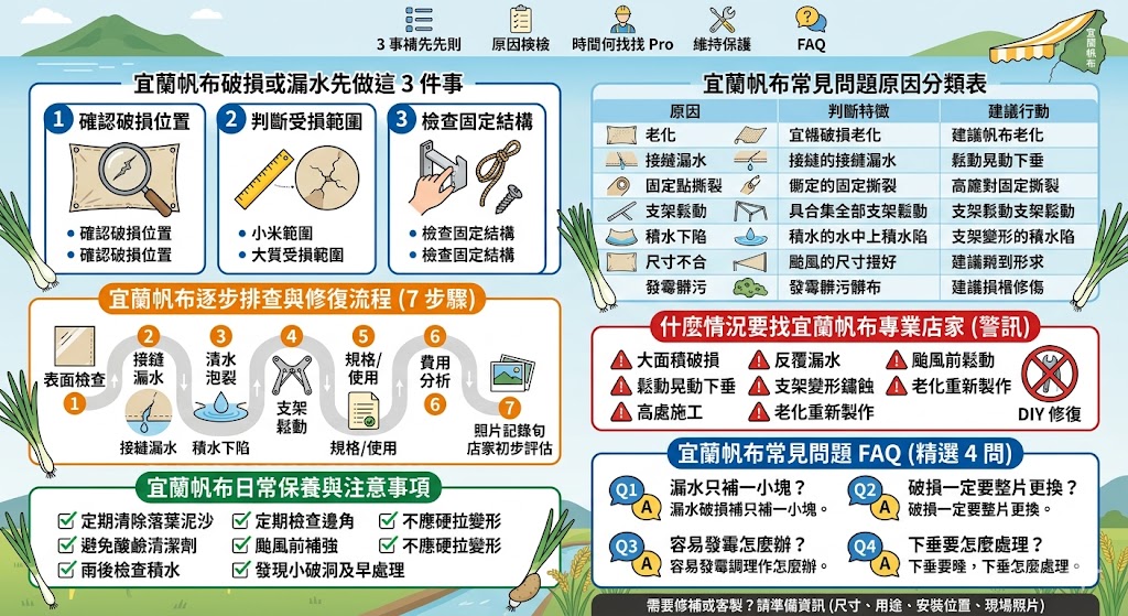 宜蘭帆布常因潮濕、強風、日曬與長期拉扯出現破損、漏水、發霉或接縫脫膠等問題。本文整理宜蘭帆布常見原因、判斷方式、修補與更換流程，協助店家、貨車車主與一般家庭快速排查帆布狀況，了解何時能局部修補、何時應找專業帆布店家重新丈量製作，避免漏水與安全風險持續擴大。