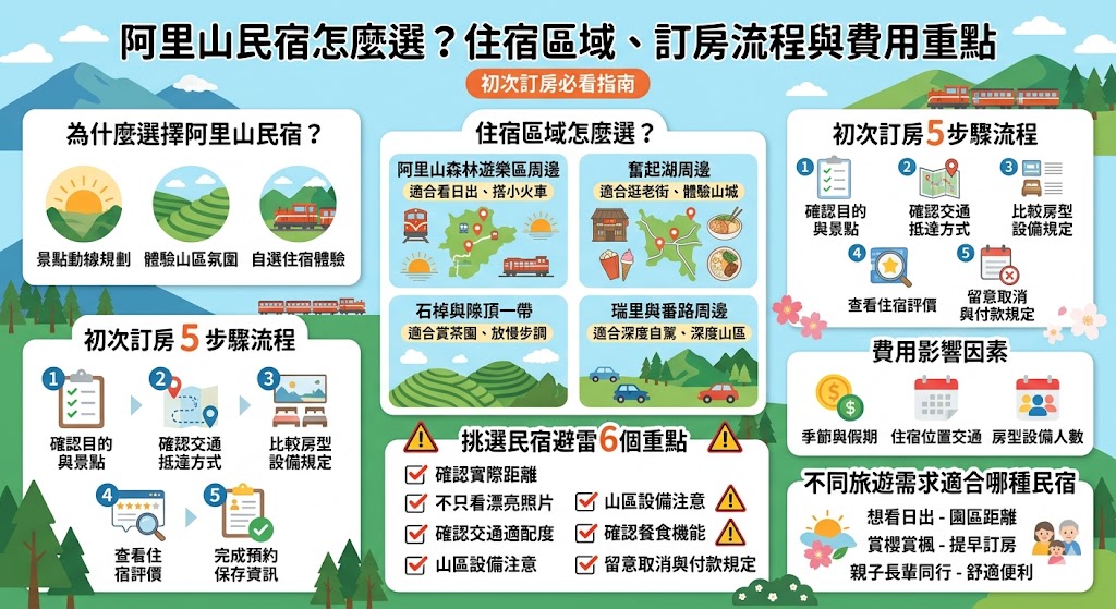 阿里山民宿怎麼選？規劃阿里山旅遊時，選擇合適的阿里山民宿是提升住宿體驗的關鍵。住宿區域大致可分為奮起湖、隙頂或森林遊樂區周邊，您可以根據想欣賞的雲海、日出或森林步道行程來決定落腳處。在訂房流程與費用方面，需留意旺季人潮眾多，建議提早預訂並確認房價是否包含早晚餐及接駁服務。透過完整掌握各區域特色與預算評估，您可以避開交通往返的舟車勞頓，享受舒適愜意的山林假期，感受阿里山獨特的自然美景與人文風情。