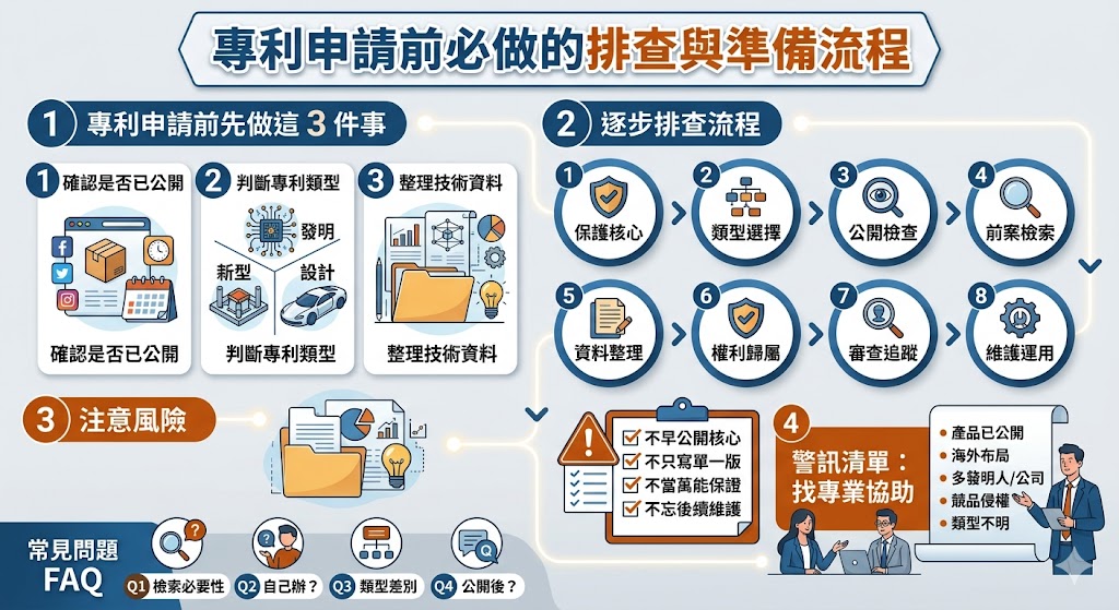 專利申請前,應先確認創作是否已公開、適合申請哪種專利,以及技術資料是否完整。本文整理專利申請常見原因分類、逐步排查流程、送件前注意事項與需要專業協助的情況,幫助創作者、企業與產品開發者降低申請風險,掌握下一步行動方向。